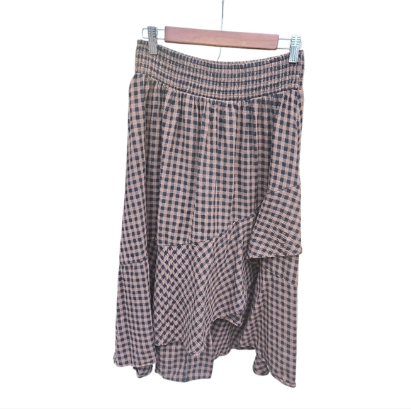 Gingham Black Brown Ruffle Asymmetrical Midi Skirt - Picture 3 of 7